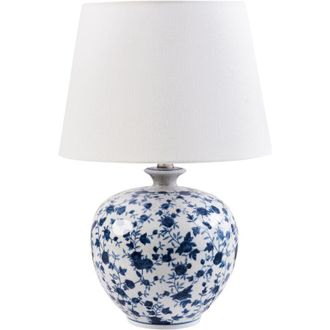 Beliani L&aacute;mpara De Mesa Elegante Con Base De Porcelana Con Dise&ntilde;o Floral Pantalla De Campana De Lino Iluminaci&oacute;n Blanco Y Azul Silves