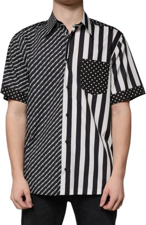 Dolce & Gabbana Mens Black White Striped Button Down Casual Shirt And Cotton