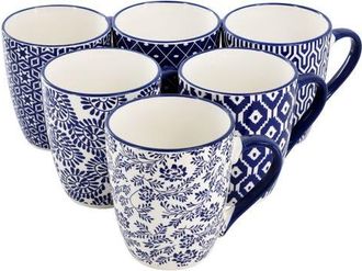 Elama Declan 6 Piece 12 Ounce Assorted Design Stoneware Mug Set in Blue at Nordstrom