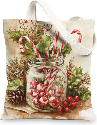 Generic Merry Christmas Candy Canes Canvas Tote Bag for Shopping 13x15, Mason Jar Xmas Reusable Grocery Print Bag for Women Men, Holiday New Year Aesthetic Pa