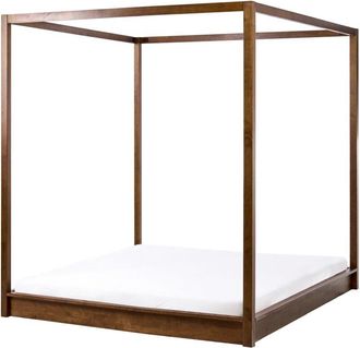 Beliani Canopy Bed Dark Brown Wooden EU King Size 5ft3 Minimalist Design HERLIERE