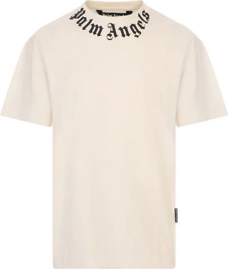 Palm Angels Neck Logo Regular Tee - Heren - T-shirts - Wit - L - Katoen - Tops