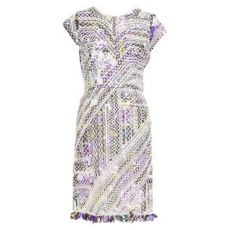Oscar De La Renta Runway purple white silk embroidery anglais fringe dress US6 M