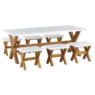 Beliani Comedor De Jard&iacute;n Cemento Y Madera Blanco 6 Personas Mesa Y 6 Taburetes Olbia