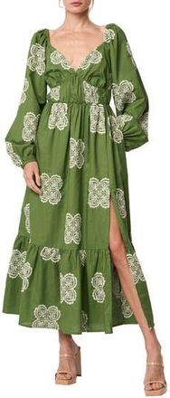 Ciebon Serbita Medallion Embroidery Long Sleeve Cotton & Linen Midi Dress in Green at Nordstrom Rack, Size X-Small