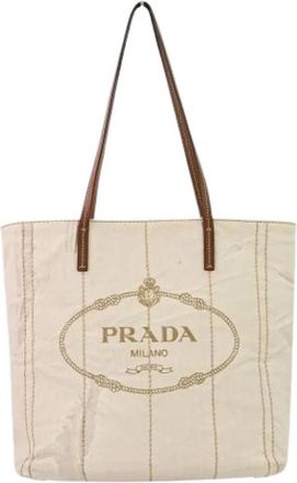 Prada Pre-owned Tote Bags, female, White, Size: ONE SIZE Pre-owned Mistolino Vitello Linen Blend Leather Tote Bag