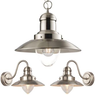 Loops Hanging Ceiling Pendant Lamp & 2x Matching Wall Light Industrial Satin Nickel in Metallics