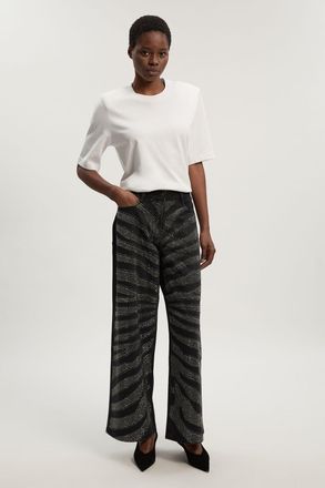 Karen Millen Womens Denim Zebra Printed Hotfix Wide Leg Jeans - Black Cotton - Size 16 UK