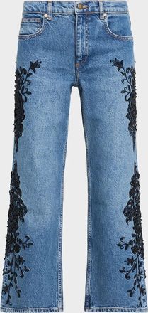 Ramy Brook Lea Beaded High-Rise Wide-Leg Crop Jeans