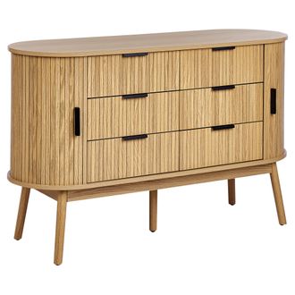 Beliani C&oacute;moda 6 Cajones Con 2 Puertas Correderas Mdf Patas De Madera Maciza Madera Clara Selah