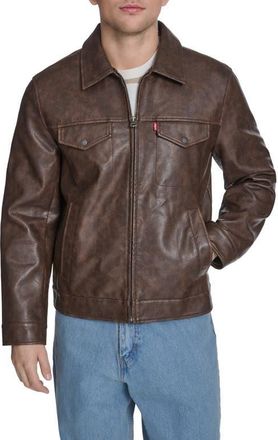 Levi's Faux Leather Trucker Jacket in Saddle at Nordstrom, Size Medium