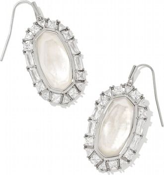 Kendra Scott Elle Rhodium Crystal Frame Drop Earrings In Ivory Mother-Of-Pearl