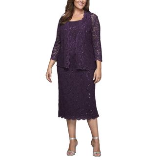 Alex Evenings Womens Plus Size Tea Length Lace Dress and Jacket Special Occasion, Eggplant, 26