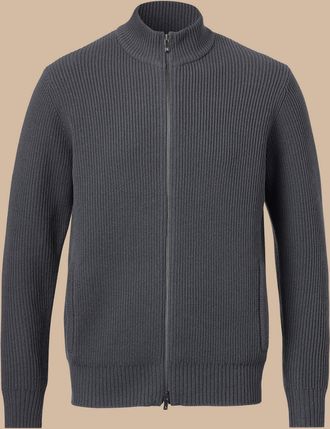 CHARLES TYRWHITT Chunky Zip Funnel Neck Wool Cardigan - Slate Grey Size XS by Charles Tyrwhitt