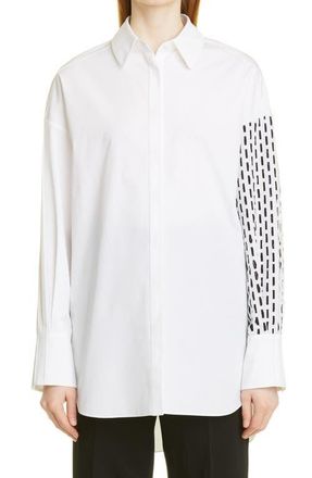 Nellie Partow Hugo Stripe Sleeve Cotton Button-Up Blouse in White Black Combo at Nordstrom, Size 6