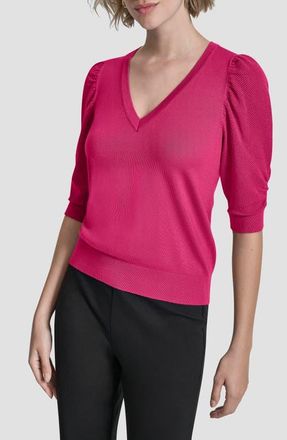 DKNY Puff Sleeve V-Neck Sweater in Hot Pink at Nordstrom, Size X-Small