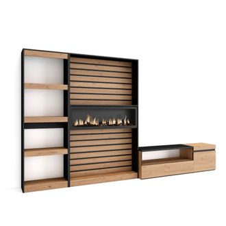 Skraut Home Muebles De Sal&oacute;n Para Tv, Conjunto De Muebles Comedor, 320x186x35cm, Chimenea El&eacute;ctrica, Estilo Moderno, Roble Y Negro - Skraut Home
