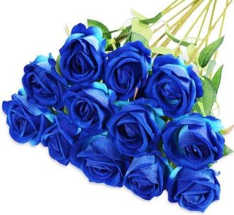 OEM Rosas Artificiales (12 Unidades) - Flores De Terciopelo Sint&eacute;tico - Decoraci&oacute;n Para El Hogar - Aspecto Realista - 48 Cm De Largo - Azul Marino