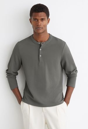Reiss Sage Green Textured Long-sleeve Henley Shirt, Xxl