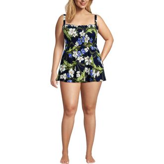 Lands End Womens Square Neck Smocked Mini Swim Dress in Deep Sea/blue Floral Tropic at Nordstrom, Size 22W