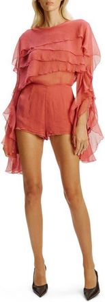 Bardot Carson Ruffle Chiffon Romper in Rose at Nordstrom, Size 4