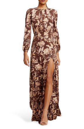 Dress The Population Joni Floral Long Sleeve Satin Gown in Mocha Multi at Nordstrom, Size Medium