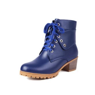 Generic Womens Ankle Boots Lace Up PU Leather Round Toe Medium Chunky Block Heel Lug Sole Metal Eyelets Reinforced Stitching Non Slip Durable Structure,Blue,4