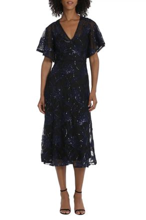 Maggy London Sequin Flutter Sleeve Midi Dress In Black / Blue
