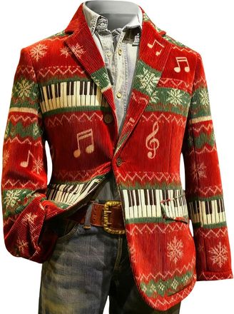 Generic Ugly Christmas Blazer Jacket for Men Xmas Corduroy Jackets Snowflake Santa 3D Printed Tuxedo Slim Fit Notched Lapel Coat Single-Breasted Suit Jacket w