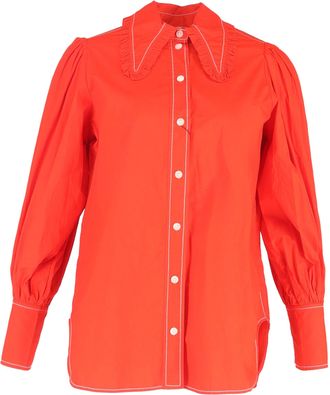 Ganni Ganni Frilled Collar Button-Up Blouse In Orange Cotton