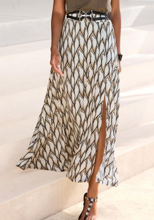 Lascana Maxirock LASCANA, Damen, Gr. 36, beige (creme, khaki bedruckt), Jersey, Obermaterial: 100% Viskose, bedruckt, figurumspielend kn&ouml;chellang, R&ouml;cke Maxir