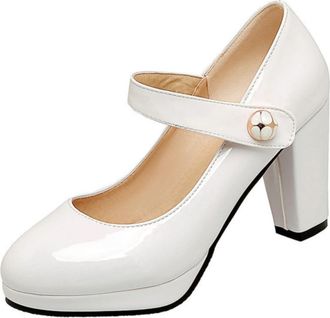 Generic Womens Mary Jane Spring Autumn Shoes - Ankle Strap Block Heel Pumps Retro Work Daily Casual Heels,White,6.5 UK