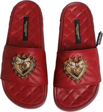 Dolce & Gabbana Womens Red Devotion Matelass&eacute; Leather Slides Shoes Lambskin