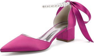 Generic Womens Pointed Toe Pearl Wedding Shoes Low Heels Bridal Shoes Satin Heels Chunky Block Heels Dance Shoes Pumps 4.5Cm,Fuchsia,10 UK