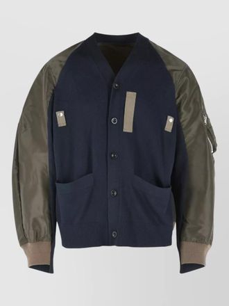 sacai cotton blend cardigan contrast sleeves pockets