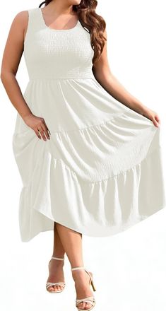 Heekpek Plus Size Summer Dresses for Women Sleeveless Vest Dresses Midi Elegant U Neck Ruched Front Beach Dress Flowy Summer Dress with Pockets, White, XL