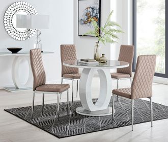 Furniturebox Giovani Round 4 Seat 100cm White High Gloss Halo Base Grey Glass Top Dining Table 4 Soft Faux Leather Silver Leg Milan Chairs in Beige