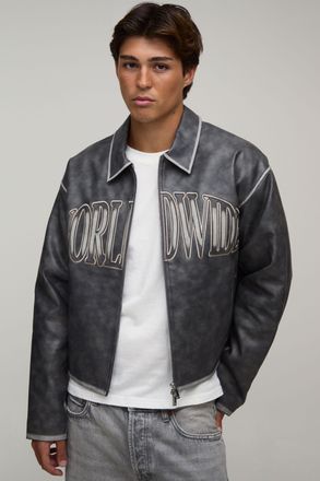 Boohooman Mens Boxy Tumble PU Applique Harrington Jacket - Charcoal - Size X-Large