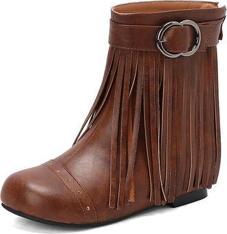 Generic Womens Fringe Ankle Boots PU Leather Round Toe Double Ring Buckle Comfortable Non Slip Durable Shoes For Daily Casual Party Streetwear,Brown,7.5 UK