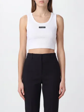 Dolce & Gabbana Top cropped in jersey di cotone a coste con logo applicato