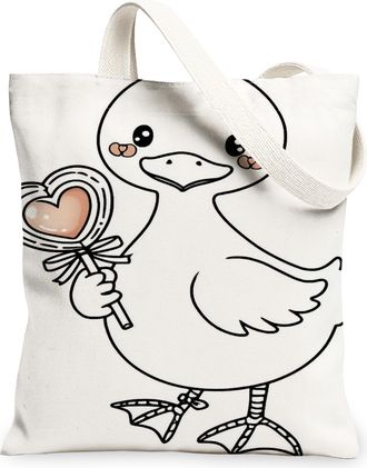 Generic Cute Duck Canvas Tote Bags, Adorable Animal Design Reusable Grocery Bags, Spring Fanciful Chic Lightweight Washable Shoulde, White, 13x15 Inch