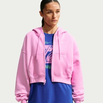 Nike Womens Studio Fleece Medium Weight Oversized Full-Zip Cropped Hoodie in Pink | IM8499-621