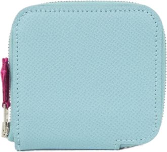 Herm&egrave;s Blue Atoll Rose Tyrien Epsom Leather Silk Coin Purse/Coin Case (Pre-Owned)