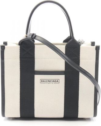 Balenciaga Black Ivory Canvas Leather Handbag Tote Bag (Pre-Owned)