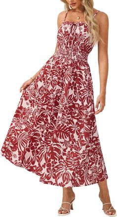 Grace Karin Womens Boho Floral Fancy Dress Casual Sleeveless Spaghetti Straps Pleated Loose A-line Maxi Dresses Bohemian Beach Holiday Dress with Pockets White-re