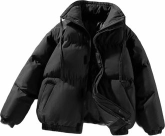 Generic Quilted Jackets for Women Long Sleeve Stand Collar Puffer Down Winter Coats Ladies Classic Plain Padded Coats Drawstring Elegant Trendy Windproof Jack