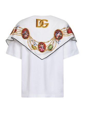 Dolce & Gabbana Womens White Jersey T-Shirt With Printed Silk Scarf Cotton T-Shirts & Jerseys