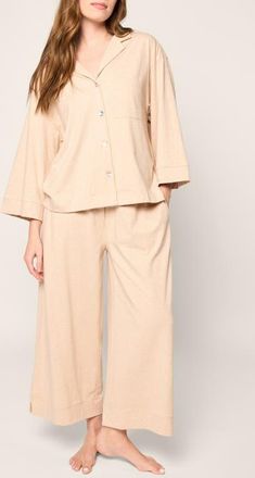 Petite Plume Olivia Wide Leg Pima Cotton Pajamas in Beige at Nordstrom, Size X-Small