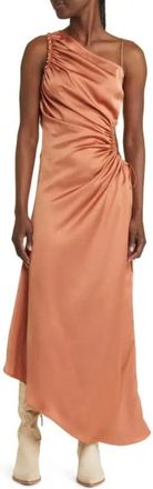 Moon River Ruched Asymmetric Satin Maxi Dress In Terracotta