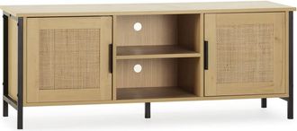 HOMN Mueble tv 2 puertas color roble con ratán natural, 120 cm